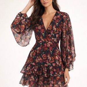 MISA Los Angeles Floral Chiffon Long Sleeve Mini Dress XS NWOT